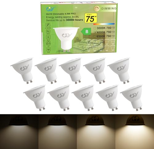 GY GU10 dimbar LED-lampa, 4,9 W, 790 lm, 4 000 K, neutral vit, 120° bred stråle, energibesparing, ögonskydd, GU10 LED-dimmer glödlampor, 10 enheter