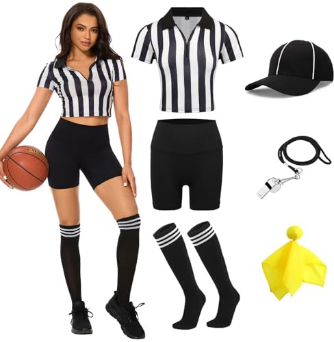 redgino 6 Pcs Women Referee Costume Set Crop Top Sexy Zipper Ref Shirt Shorts Hat Long Socks Whistle Referee Outfit for football Soccer Rugy Halloween Cosplay Party L