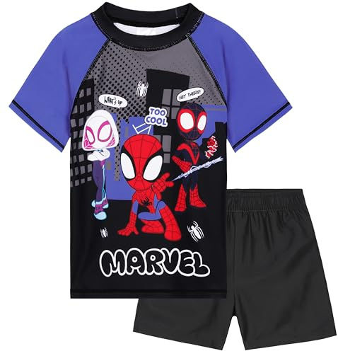 Marvel Spiderman Swimsuit Set for Boys 2 Piece Swimming Costume Swimming Shorts Rash Vest Pool Beach Holiday Essentials (5-6 Years, Black)