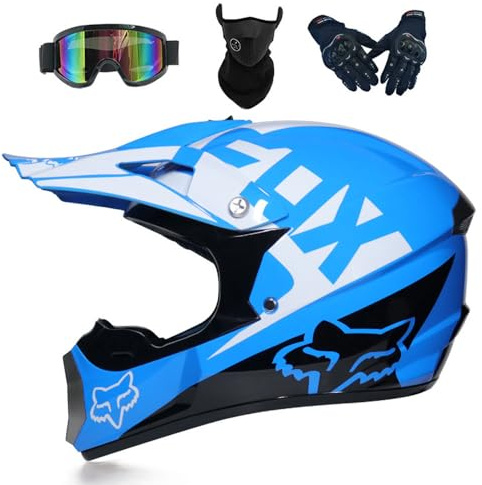 PAESCOY Casque De Motocross avec Lunettes UV Masque Gants Casque De VTT Certifié Dot/ECE Casque De Moto Intégral Dirt Bike Offroad Casque Cruiser Chopper Casque De Cyclomoteur pour Homme Femme,Blue-M