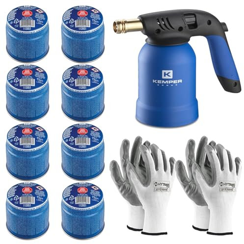 Kemper Lampe à souder + 8 bouteilles de gaz butane sûres + 2 gants gratuits | Briquet professionnel pour bricolage, barbecue, désherbage, soudage léger
