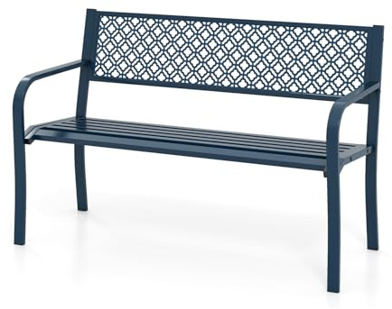 KOMFOTTEU Banc de Jardin pour 2-3 Personnes, Banquette de Parc en Métal, 127 x 59 x 82 cm, Fauteuil de Parc avec Dossier, Charge de 360KG, Assise à Lamelles, pour Balcon, Terrasse (Bleu)