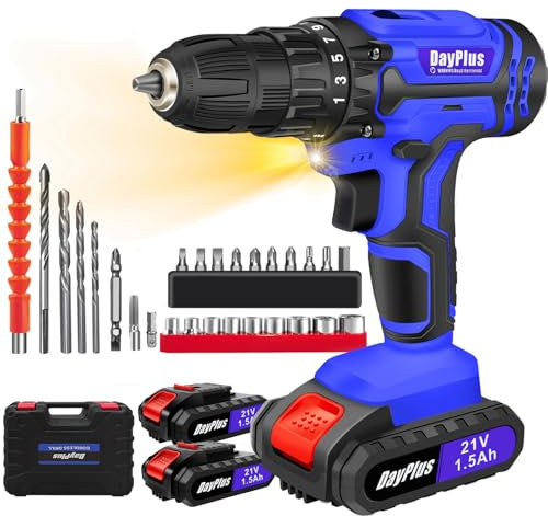 21V Cordless Drill Driver, 2 x 1500mAh Batteries, 25+1 Torque Setting, 45N.m Max, 2 Variable Speed, LED Light, Drill, Driver, Screwdriver, DIY Project
