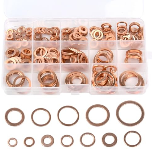 300 PCS Copper Sealing Rings Assortment Set, Flat Ring Seal copper Gasket Kit, 12 Sizes Copper Metric Flat Sealing Washers Kit, Sump Plug Gasket Crush Washer Assortment, M5 M6 M8 M10 M12 M14 M16 M20