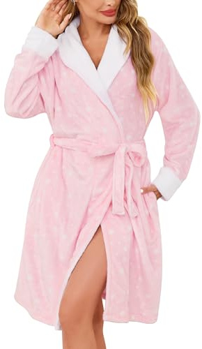 Vlazom Vintermorgonrock för kvinnor med rutigt och randigt tryck, plyschfodrad med justerbart bälte S-XXL, Rosa, XL