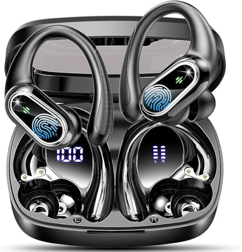 Cuffie Bluetooth Sport, Auricolari Bluetooth 5.3 Wireless con 4 ENC Cancellazione Rumore Mic, 50 Ore HiFi Stereo Cuffie Wireless, IP7 Impermeabile, Cuffiette Bluetooth con LED Display, USB-C, Nero