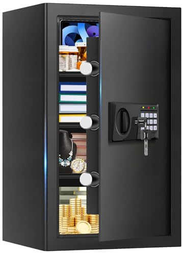 5.2 Cu Ft Large Home Safe Box Fireproof Waterproof, Personal Security Safe with Digital Keypad, Spare Keys, Alarm System and 3 Removable Shelves, Fire Document Safes for Home Money Medicine Valuables