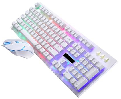 MAJORMENCH Clavier et Souris Gamer Mécaniques Lumineux 104 Touches Résistantes en Plastique, Ensemble Filaire USB pour Bureau et Café