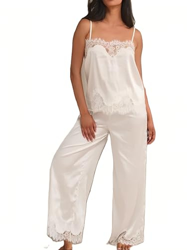 Lshyuehao Women Lace Trim Pajama Set Silk Satin Cami Tank Top with Wide Leg Pants Set 2 Piece Soft Pjs Lounge Sleepwear Outfit (A-Ivory, M)