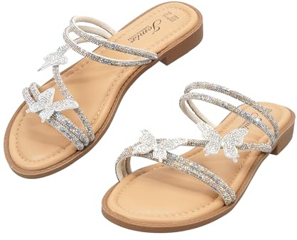 JOMIX Sandalias de Mujer Planas con Strass y Mariposa, Zapatos de Verso Cómodos y Ligeros, Zapatillas Casuales para Uso Diario WFC260275 (Multicolor, 39)