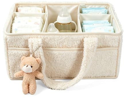 Vexnaro Panier Rangement Bébé, Sac a Couches Bebe, Panier De Rangement Bebe à Langer Portable, Lange avec Compartiments et Poignées, Compartiment Amovible Pour Lingettes (Cremefarben)