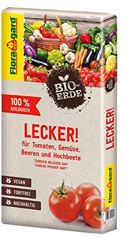 Floragard Bio-Erde Lecker 20 L – torffreie, vegane Bio-Gemüseerde für Hochbeete, Tomaten, Chili, Gurken, Beeren, Kräuter & Zucchini – nährstoffreiche Struktur für kräftiges Wachstum & hohen Ertrag