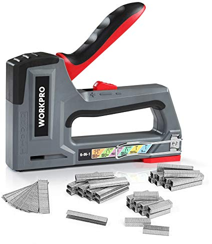 WORKPRO Grapadora y Clavadora Manual 6 en 1, Grapadora de Tapicería, Ideal para Fijación, Decoración, Carpintería, Incluye 4000 Grapas/Clavos
