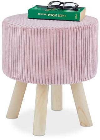 Relaxdays Samthocker, rund, kleiner Fußhocker, gepolstert, 4 Holzbeine, Kordsamt, Sitzhocker, H x D: 41 x 37 cm, rosa