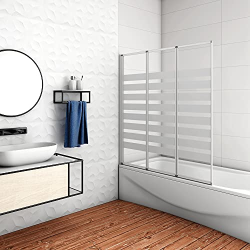 140 cm Sopravasca Tre Ante Pieghevoli a Libro Verso Sinistro Vetro 4 mm Temperato Fasce Bianche Opache Telaio Argento Opaco 130 cm