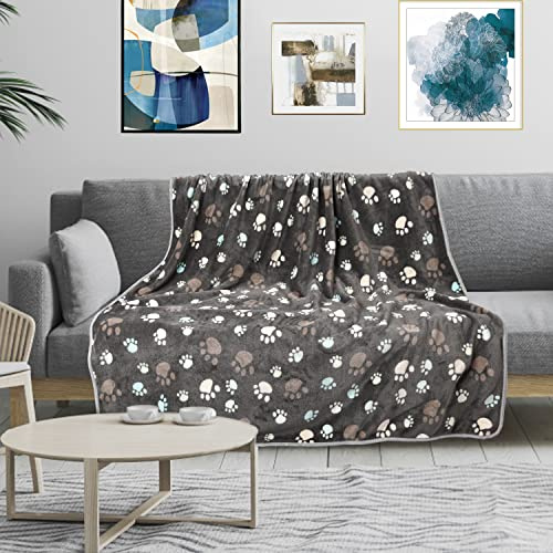 Rezutan Upgraded Flannel Blankets for Large Dogs & Cats, Soft Washable Pet Mat Throw Cover for Kennel, Crate, Bed - Cute Paw Pattern, Grey 40 x 50