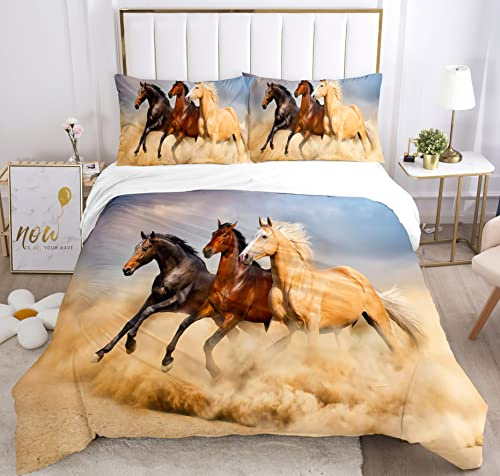 IUNTWEIE copripiumino cavallo 200x200, copripiumino stampa cavalli con Cerniera，Set di biancheria da letto 3D Incluso 1 Copripiumino e 2 Federe (200 x 200 cm, Cavallo-1)