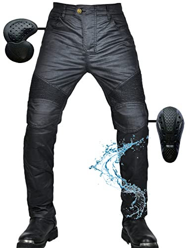 SHUOJIA Jeans da moto Pantaloni rivestiti slim retrò da uomo - impermeabile e antivento Pantaloni protettivi pantaloni moto uomo per corse motociclistiche e guida con protezioni (Black,L)