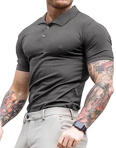 Lehmanlin Men's Muscle Polo Shirts Short Sleeve Casual T- Shirts Slim Fit Stretch Ribbed Golf Tops（Deep Grey/L）