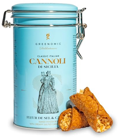 Cannoli-Siciliens | fourrés à la fleur de sel & à la crème de Caramel | emballés individuellement dans une boîte cadeau | biscuits italo-siciliens originaux | délicieux avec du café ou du thé | 200g