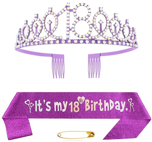 18e anniversaire écharpe et diadème couronne en cristal violet ensemble couronne d'anniversaire violet écharpe décoration d'anniversaire couronne pour filles femmes accessoires de fête d'anniversaire