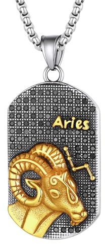 JewelryWe Sternzeichen Kette Herren Erkennungsmarke: Widder Edelstahl 12 Sternbilder Tierkreis Horoskop Dog Tag Hundemarke Anhänger mit Gravur Konstellation Halskette für Männer Gold Silber