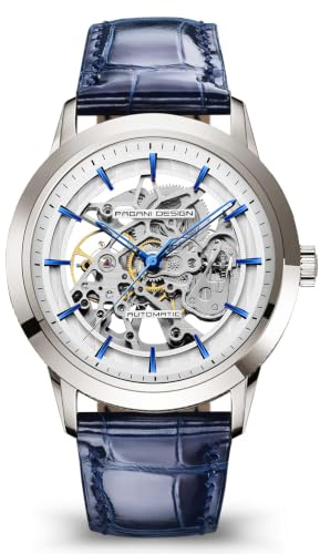 Pagani Design 1638 Montre Homme Montre Homme Automatique 43MM squelettisée Montre Homme Automatique Verre Saphir boîtier en Acier Inoxydable Bracelet en Cuir Montre Sport de Luxe (Argent et Bleu)