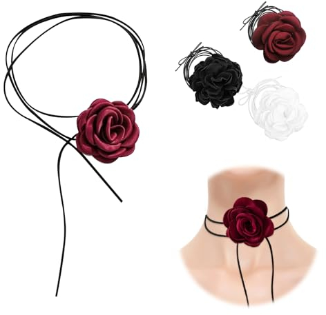Yuqilin 3 Stücke Dauerhaft Halsband Damen, Licht Blumen Kette, Komfortabel Rose Choker Blume Halskette, Ist die Beste Wahl für Abschlussfeier, Weihnachten und Den Alltag (Black/White/Red)