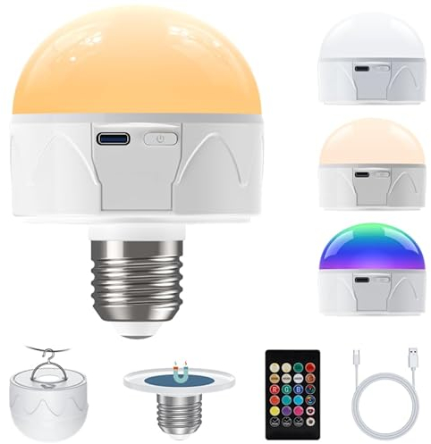 GIACOMO Bombilla Recargable USB C con Control Remoto, 9W E27 Bombilla LED con Mando con Control Táctil y Función de Temporización, 3 Temperaturas de Color, 3000mAh (1pcs)