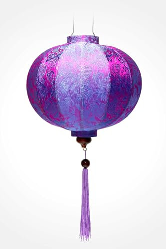 Farol de seda asiática en color morado R, diámetro 38 cm – Lámpara colgante tradicional de Hoi an de tela, bambú y madera – Decoración y artesanía de Vietnam (R25-M)