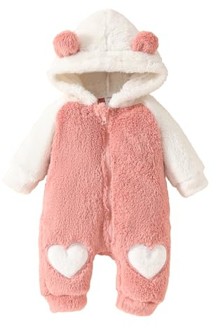 MAHUAOYIXI Toddler Baby Romper Infant Baby Girls Long Sleeve Footies Hooded Zipper Closure Bear Ear Snowsuit Winter Fuzzy Jumpsuit for Baby Girls Christmas Clothes Casual Daywear(Pink, 12-18 Months)