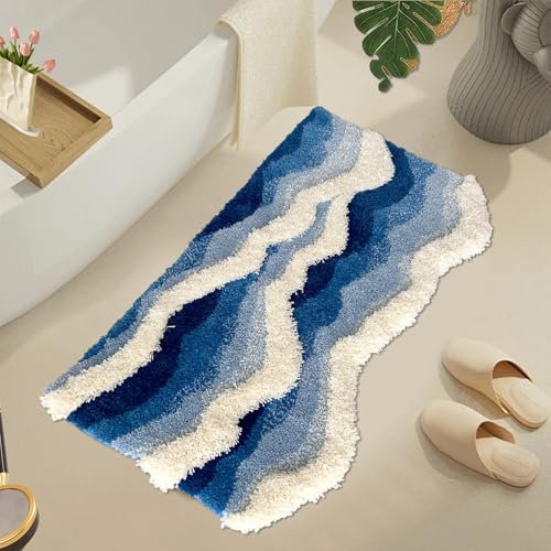 KRUIHAN rutschfeste Badematte Blau Wellen Teppich Kurzflor Waschbare Fußmatte Weicher Bad Vorleger Flauschig Bettvorleger,Hochflor Teppich für WC Wohnzimmer Schlafzimmer Küche Flur,50 * 120cm