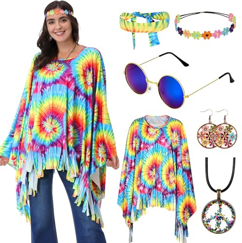Joellfuner Costume Hippie da Donna, 6 pezzi Tie Dye Hippie da Donna Poncho Anni 60 70s con Fascia, Collana, Orecchini e Occhiali per Carnevale(Arcobaleno)