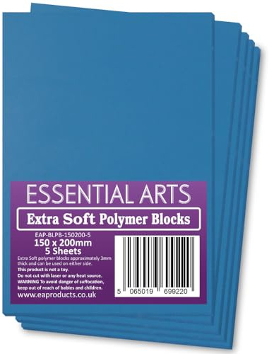 Essential Arts Extra Soft 150 x 200mm Double Sided Blue Polymer Blocks Pack of 5 – 3mm Super Soft Relief Printing Sheets for Easy Lino Carving Art and Craft