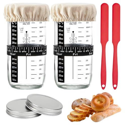 ZhouZGlass 2 Pcs Sourdough Starter Jar Kit Lid Set, 24oz/730ml Reusable Glass Round Jar with Thermometer, Feeding Date Band, Cloth Cover, Silicone Scrape, Bread Fermentation