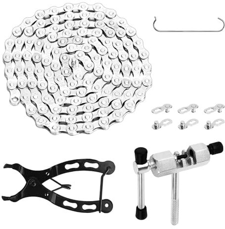 PONGH Fahrradkette 6/7/8 Fach Fahrrad Kette 1/2 x 3/32 Inch 116 Glieder Fahrradkette Edelstahl Werkzeug Set mit Kettenbrecher, Kettenschloss Zange, 3 Paare Kettenschloss für Rennräder Mountainbikes