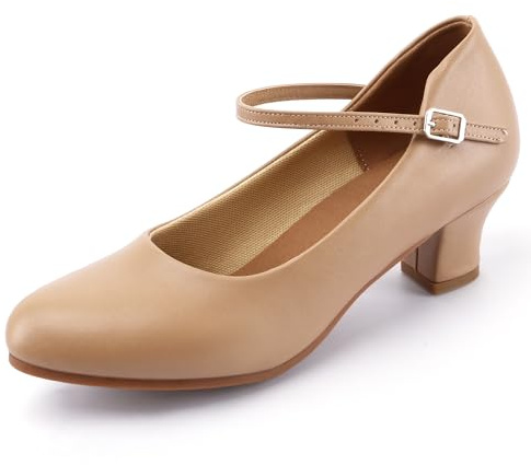Linodes Economy PU Leather Ankle Strap Character Shoe 2'' Ballroom Dance Shoes Rubber Sole for Women-Brown-10M