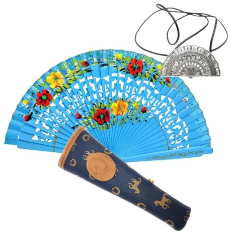 Abanico Plegable de Madera con Flores Pintadadas a Man con Funda y Cuelga Abanicos. Funda de Lona con Crermallera y Cuelga Abanico Metálico (Cielo de Verano)
