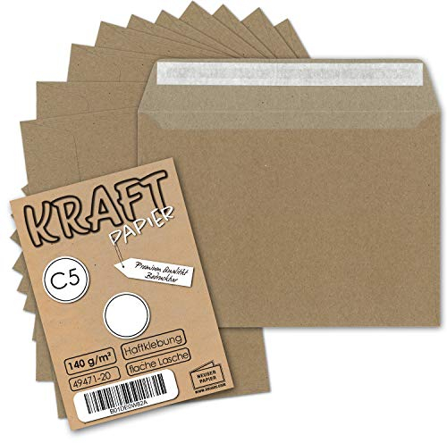 75x Vintage Brief-Umschläge DIN C5 Kraftpapier 140 gr - 229 x 162 mm - braun - innen grau - nachhaltiges Recyclingpapier - Haftklebung - UmWelt by GUSTAV NEUSER