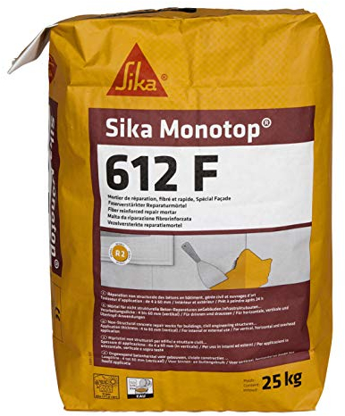 SIKA - Mortier de réparation fibré à prise rapide - Sika MonoTop 612 F Gris - S’applique sur 4 à 60 mm d’épaisseur en une seule passe - Adhère parfaitement sur la plupart des supports - 25kg