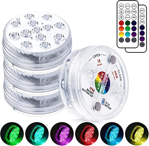 LOFTEK Submersible LED Lights with Remote, 13 LED Pool Lights for Inground Above Ground Pool with Magnets &10 Suction Cups,16 Color Changing Underwater Light for Ponds Battery Operated (4 Packs)
