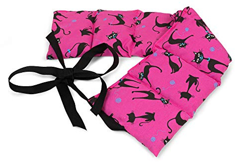 Cuscino termico con semi di uva - Cuscino riscaldabile per la schiena, lombare, stomaco e molto altro (65x15cm, gatto nero-sfondo fuchsia, 7 compartimenti con banda da legare)