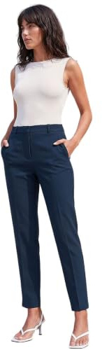 Roman Straight Leg Stretch Trousers for Women UK Ladies Work Office Smart Suit Pants Slacks Cigarette Tailored High Elasticated Waist Ankle Grazer Slim Angela - Regular Navy (28 inch) - Size 18