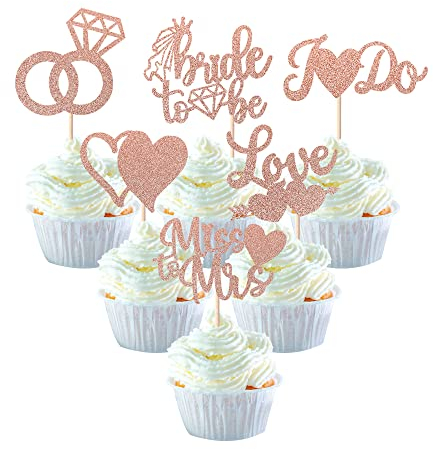 SYKYCTCY 36 Pack Bridal Shower Cupcake Toppers Glitter Diamond Ring, Love I Do Cupcake Picks Miss to Mrs Bridal Shower Wedding Engagement Bachelorette Party Cake Decorations Supplies Rose Gold