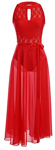 IMEKIS Damen Lyrisches Ballett Tanzkostüm Blume Spitze Neckholder Gymnastikanzug mit Chiffon Wickelrock Moderne Ballsaal Tanzkleidung Bühnen Performance Outfit Rot S