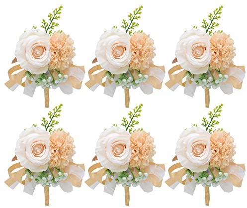 6 Stück Boutonniere Rose Hochzeit Künstliche Handgefertigte Satin Hochzeit Ansteckblume bräutigam Trauzeugen Handarbeit Corsage Knopfloch Blumen für Bräutigam Herren Braut Frauen,Champagner Gold