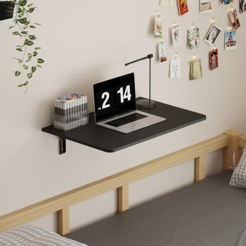 Pantanal Wall Mounted Floating Table Drop-Leaf Folding Laptop Desk Shelf for Small Space, Wood Little Collapsible Wall Hanging Computer Desk Workstation for Home Office (Black)