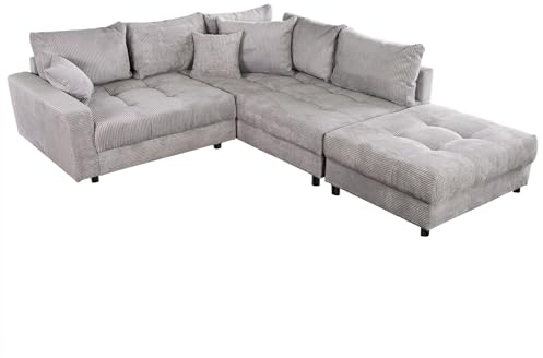 riess-ambiente.de Moderne Wohnlandschaft Kent 220cm hellgrau Cord inklusive Hocker und Kissen Ecksofa