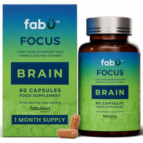 fabÜ Focus Brain Supplement with Lion's Mane Mushroom – Mental Clarity & Focus Support with CoQ10, L-Tyrosine, Choline & B Vitamins – 8 Active Ingredients (60 Capsules)