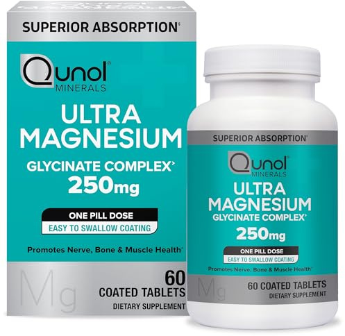 Qunol Magnesium Glycinate Complex, Gentle on Stomach, 250mg One Pill Dose, Superior-Absorption Magnesium, Nerve, Bone and Muscle Health Supplement, 60 Count (Pack of 1)